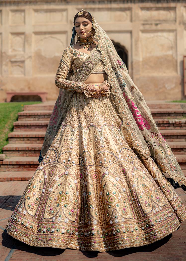 Beige Hand-Embellished Raw Silk Lehnga Choli (3-Piece) - Image 1