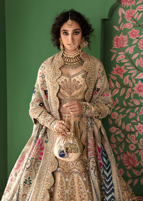 Beige Hand-Embellished Raw Silk Lehnga Choli (3-Piece) - Image 10