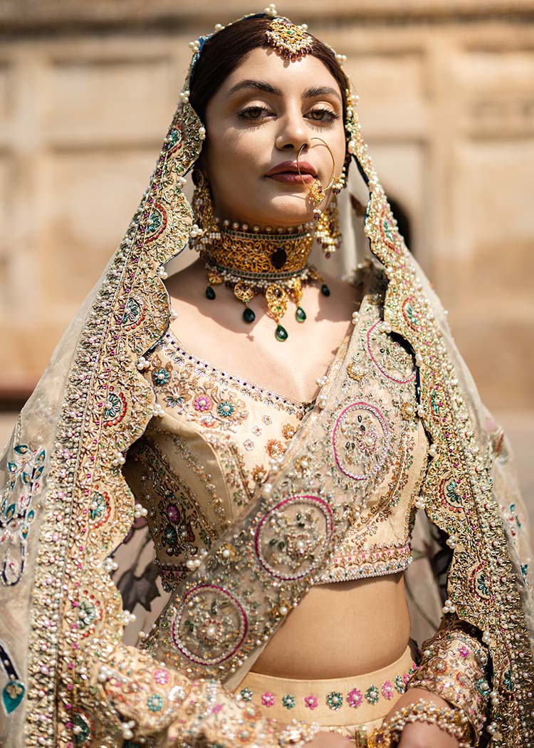 Beige Hand-Embellished Raw Silk Lehnga Choli (3-Piece) - Image 3