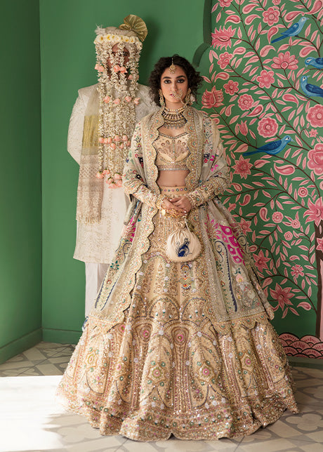 Beige Hand-Embellished Raw Silk Lehnga Choli (3-Piece) - Image 9