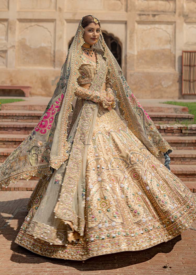 Pakistani Beige Hand-Embellished Raw Silk Lehnga Choli (3-Piece) - Image 2