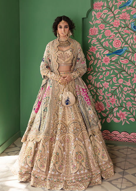 Pakistani Beige Hand-Embellished Raw Silk Lehnga Choli (3-Piece) - Image 4