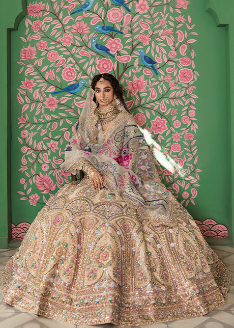 Pakistani Beige Hand-Embellished Raw Silk Lehnga Choli (3-Piece) - Image 6