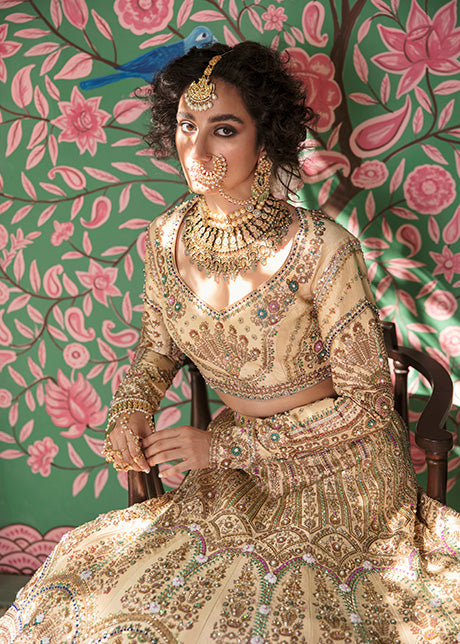 Pakistani Beige Hand-Embellished Raw Silk Lehnga Choli (3-Piece) - Image 7
