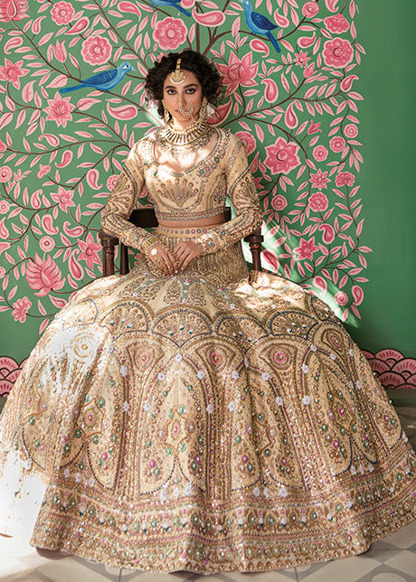 Pakistani Beige Hand-Embellished Raw Silk Lehnga Choli (3-Piece) - Image 8