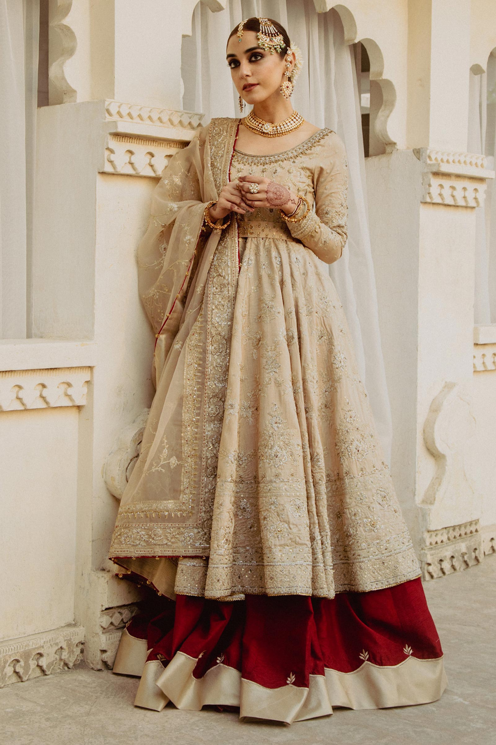Beige Zardozi Raw Silk Peshwaz with Red Lehenga (3-Piece) - Image 1
