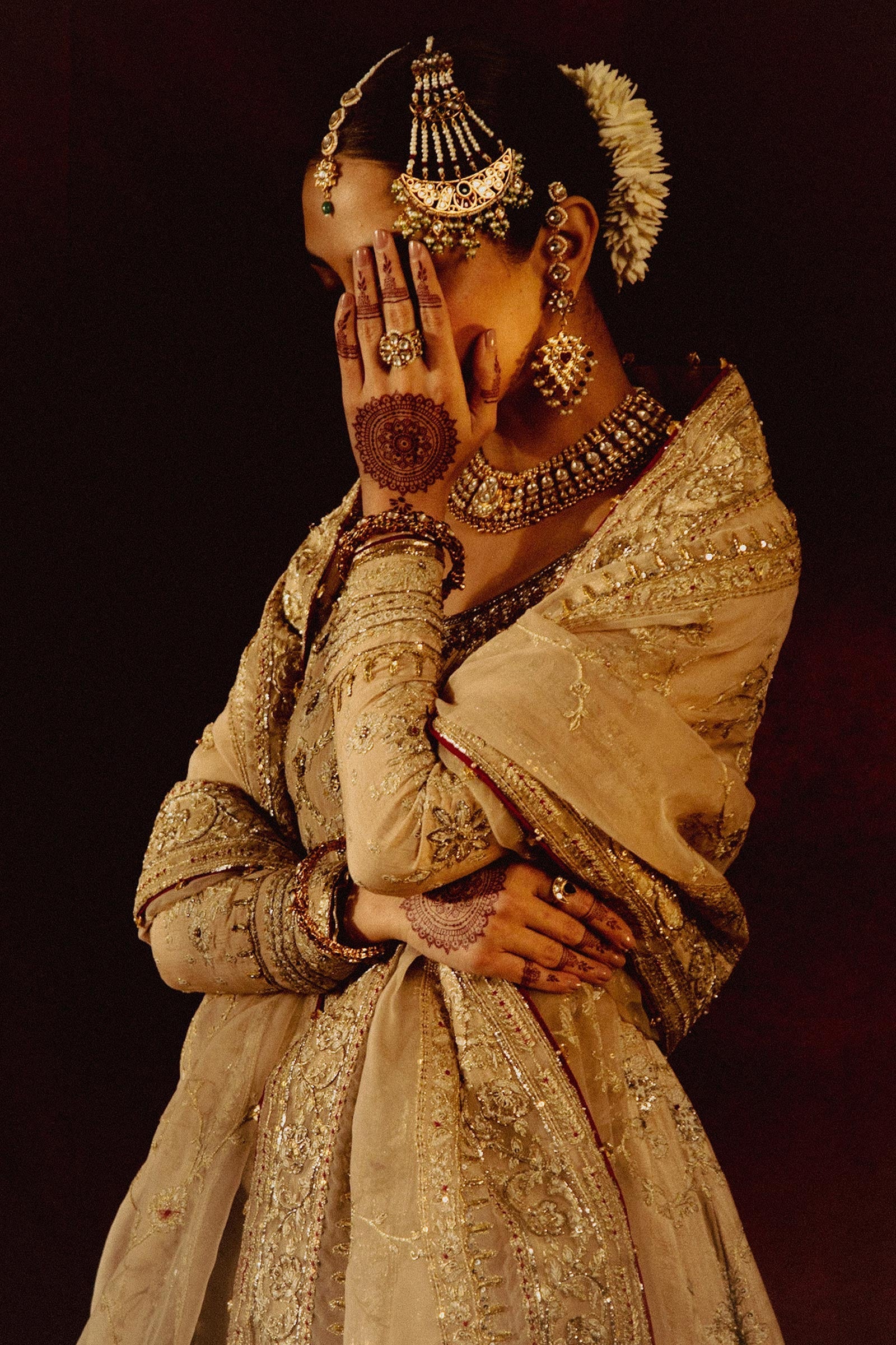 Beige Zardozi Raw Silk Peshwaz with Red Lehenga (3-Piece) - Image 6