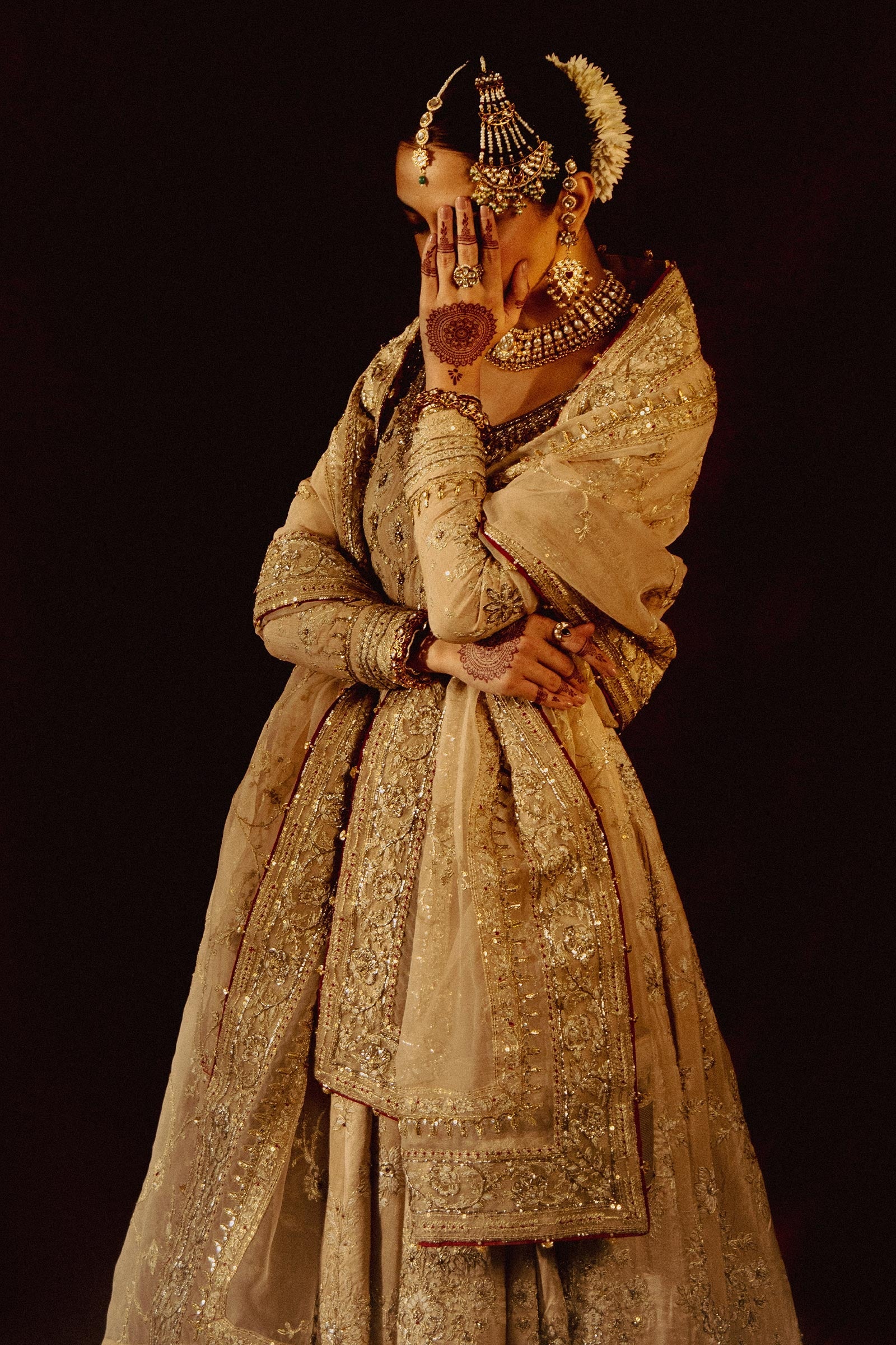 Beige Zardozi Raw Silk Peshwaz with Red Lehenga (3-Piece) - Image 8