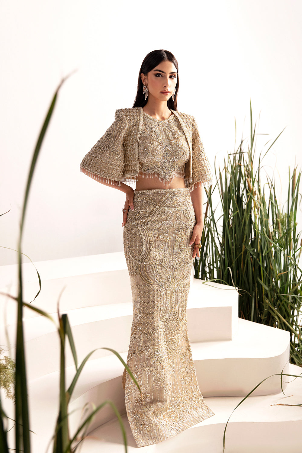 Pakistani Beige Hand-Embellished Silk Gilet & Skirt (3-Piece) - Image 1