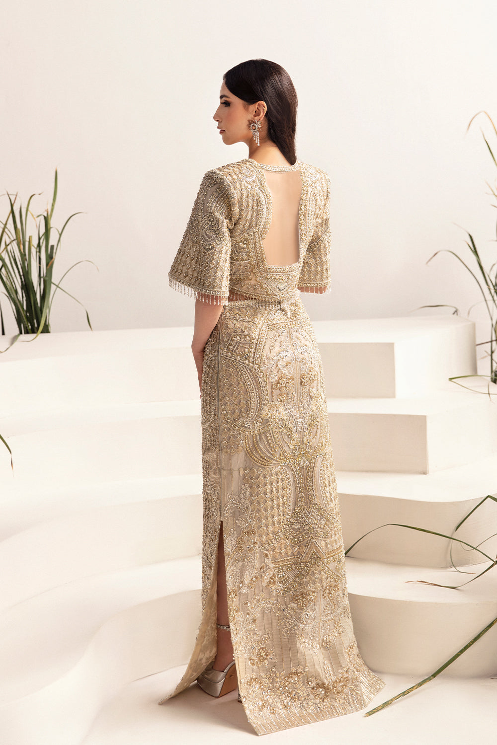 Pakistani Beige Hand-Embellished Silk Gilet & Skirt (3-Piece) - Image 2