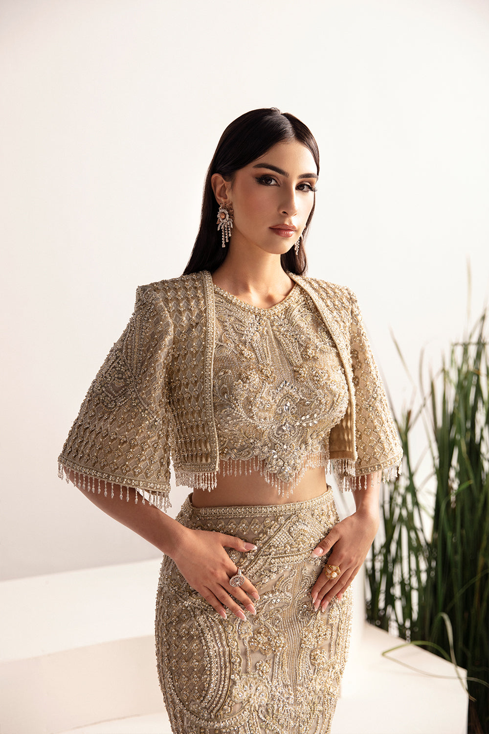 Pakistani Beige Hand-Embellished Silk Gilet & Skirt (3-Piece) - Image 3