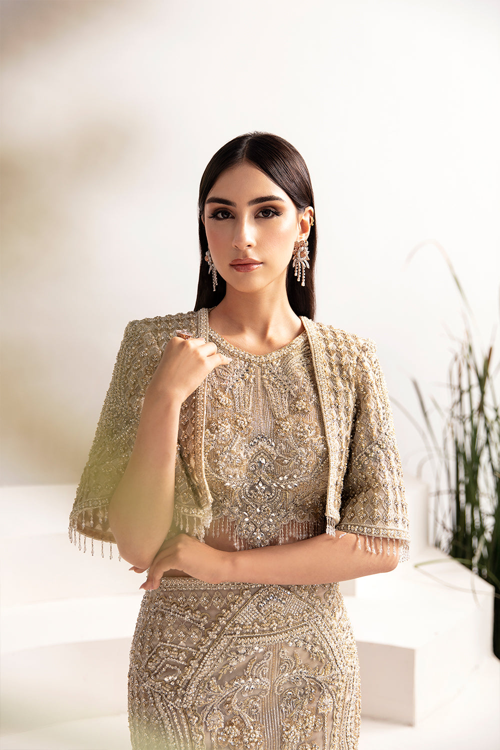 Pakistani Beige Hand-Embellished Silk Gilet & Skirt (3-Piece) - Image 4