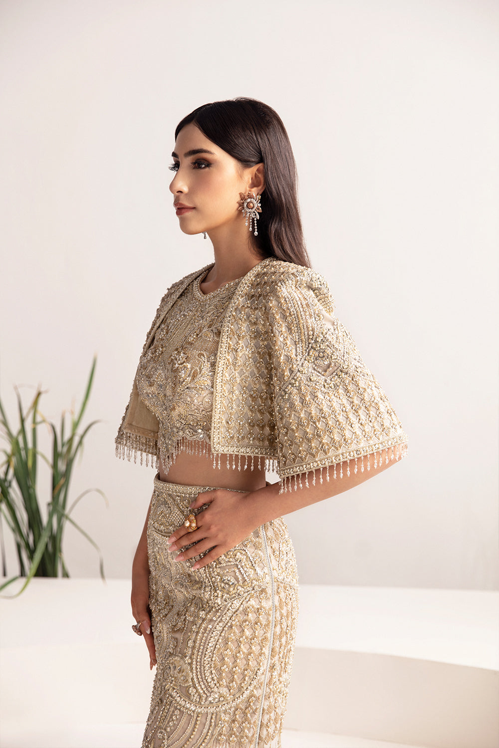 Pakistani Beige Hand-Embellished Silk Gilet & Skirt (3-Piece) - Image 5