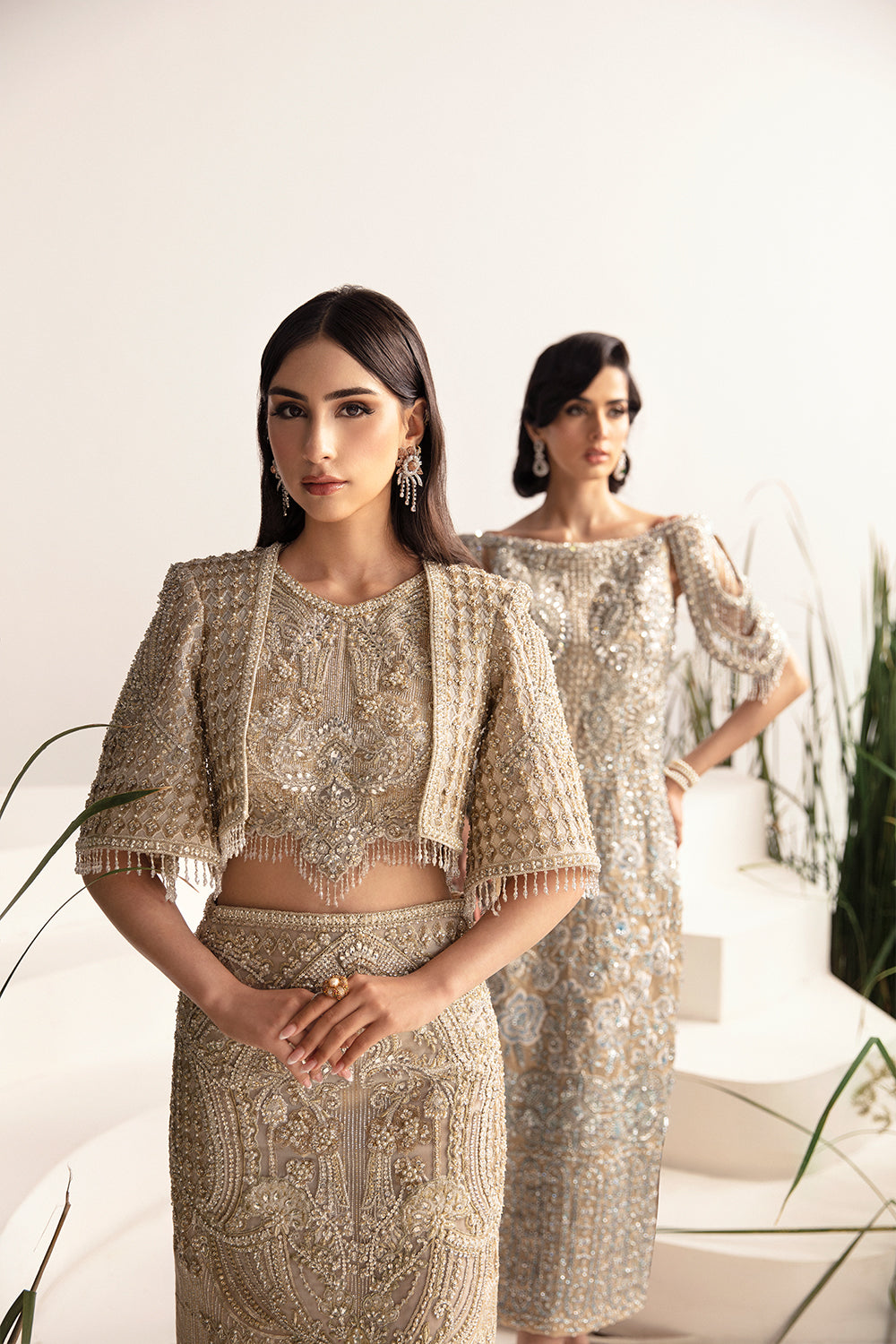 Pakistani Beige Hand-Embellished Silk Gilet & Skirt (3-Piece) - Image 6