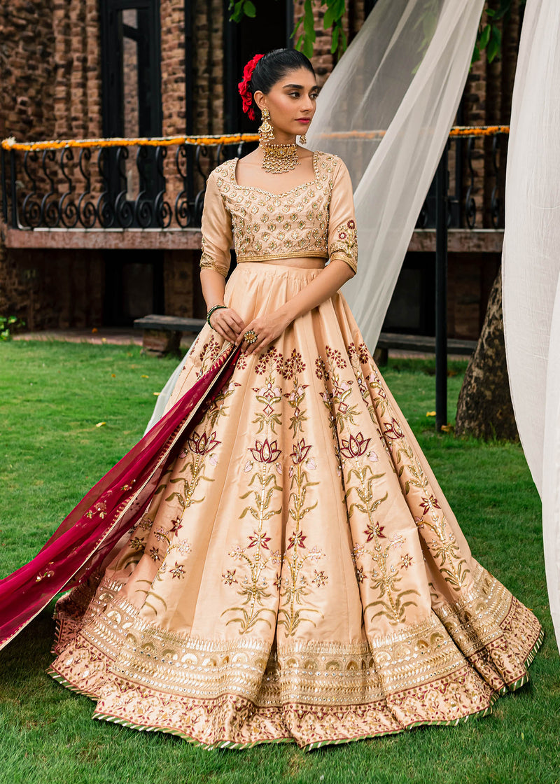 Golden Beige Handworked Korean Rawsilk Lehnga Choli (3-Piece) - Image 1
