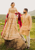 Golden Beige Handworked Korean Rawsilk Lehnga Choli (3-Piece) - Image 7