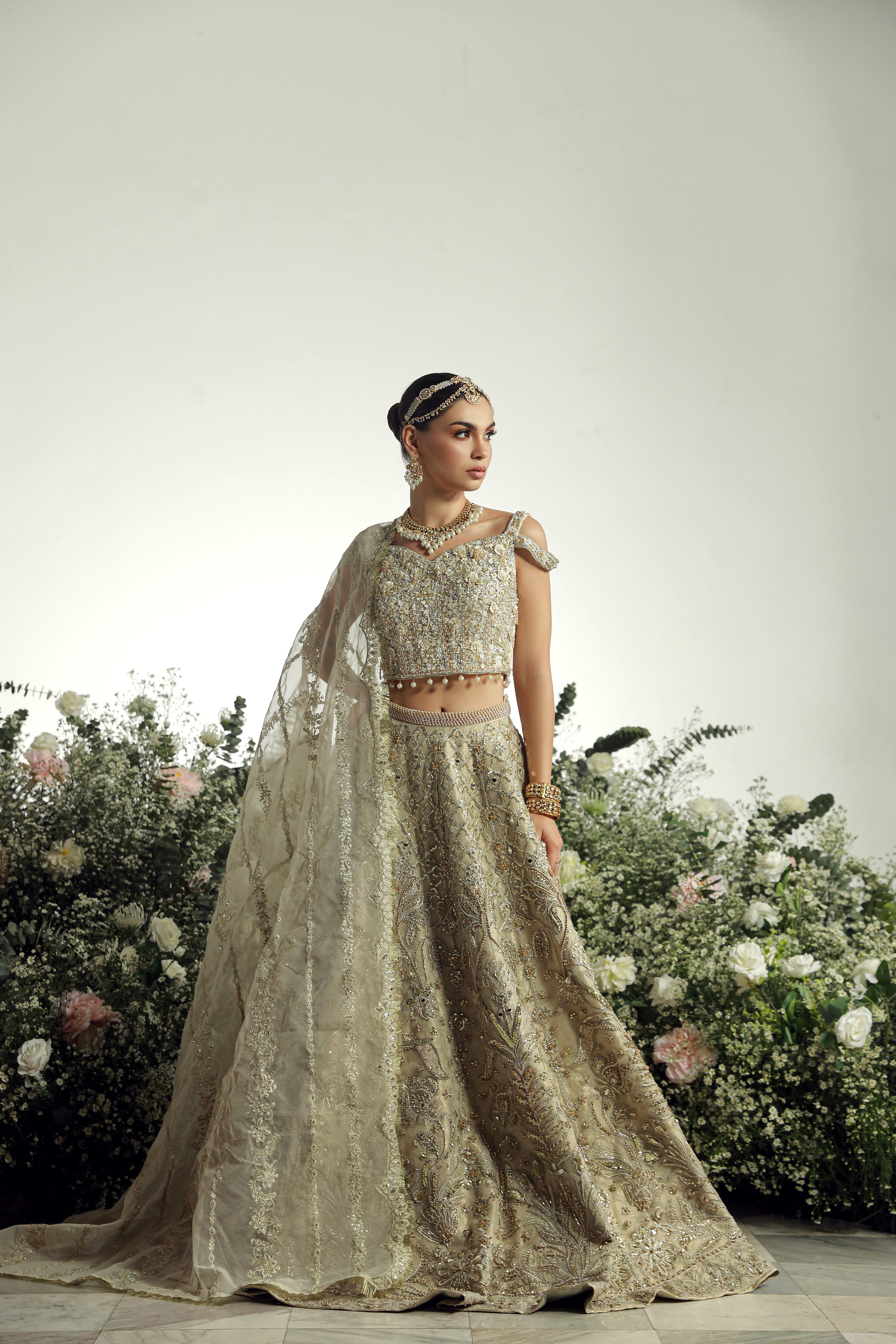 Beige Embellished Silk Blend Bridal Lehenga Choli (3-Piece) - Image 1