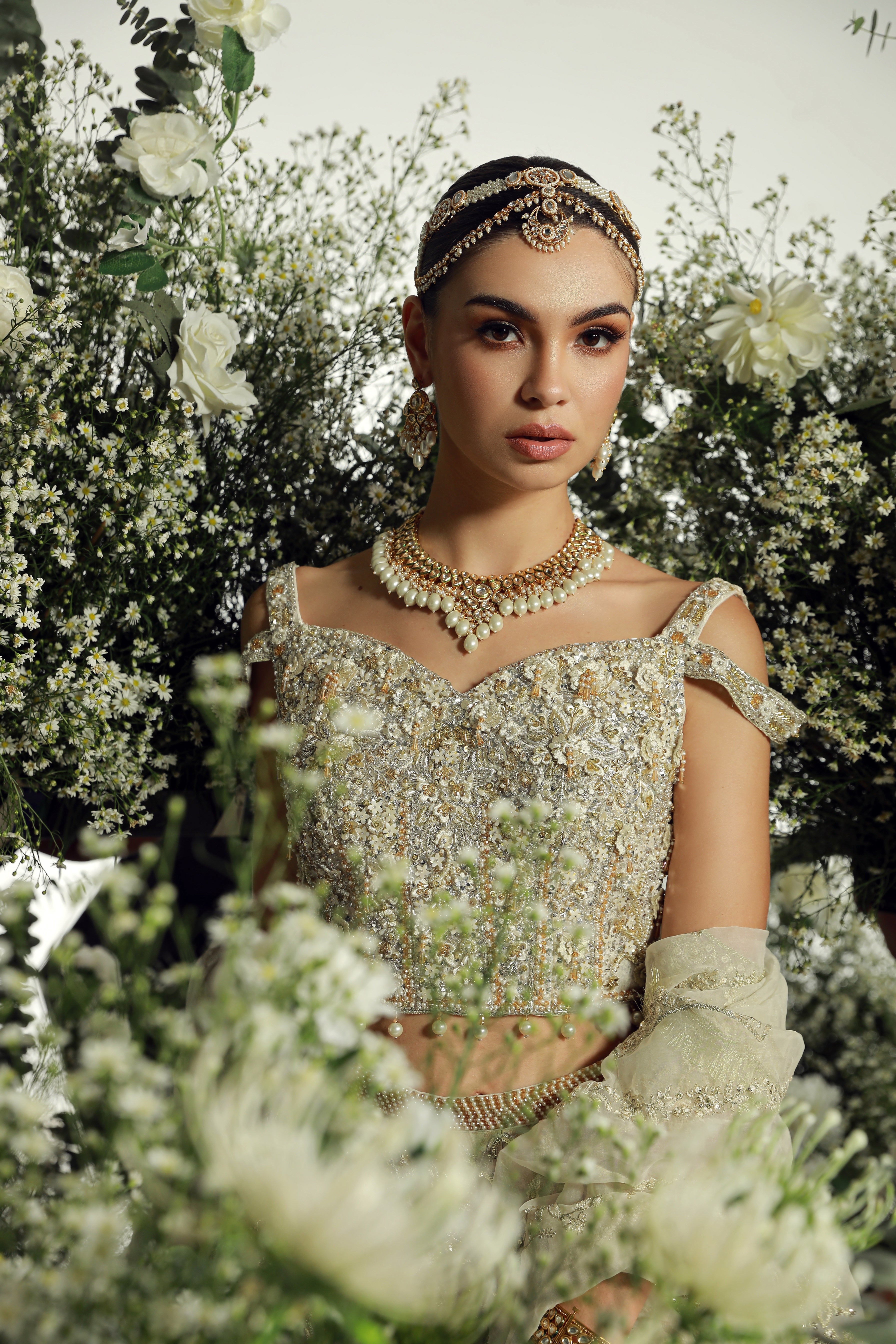 Beige Embellished Silk Blend Bridal Lehenga Choli (3-Piece) - Image 4