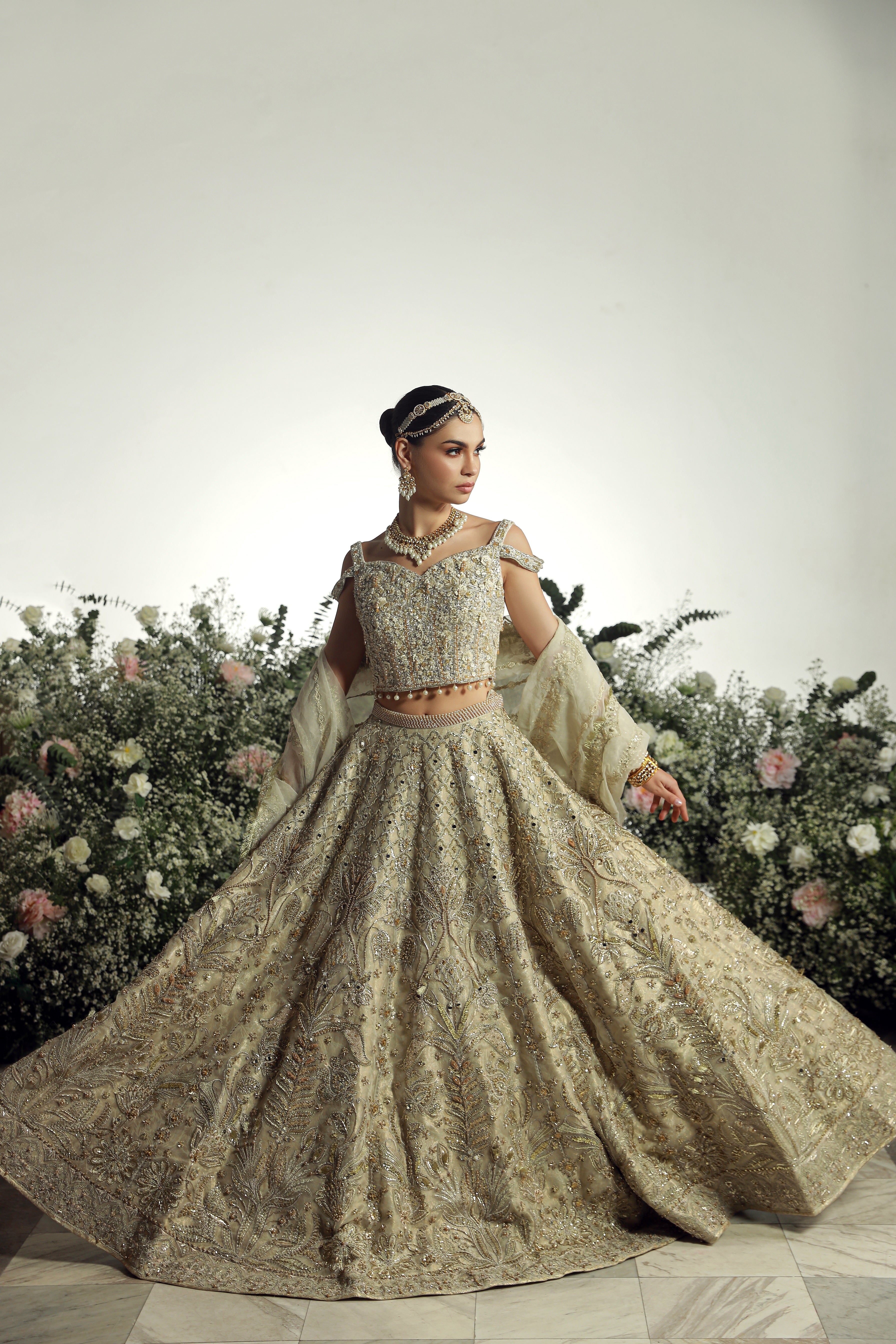 Beige Embellished Silk Blend Bridal Lehenga Choli (3-Piece) - Image 5