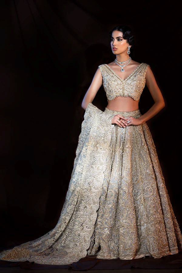 Beige Zardozi Resham Silk-Blend Bridal Lehenga (3-Piece) - Image 1