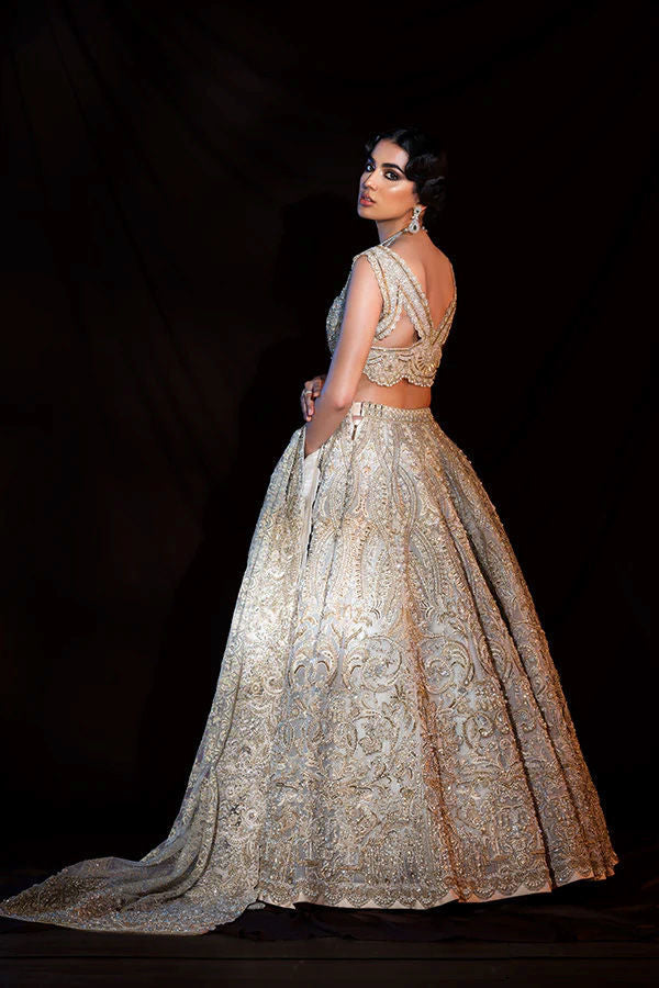 Beige Zardozi Resham Silk-Blend Bridal Lehenga (3-Piece) - Image 2