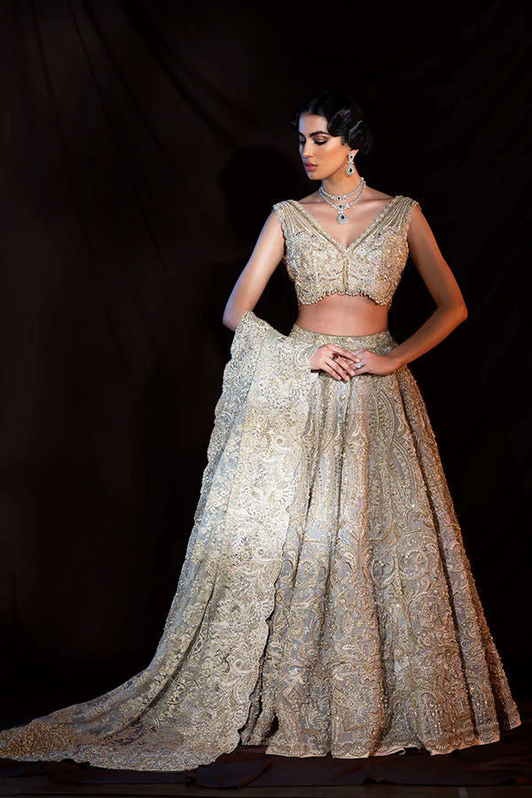Beige Zardozi Resham Silk-Blend Bridal Lehenga (3-Piece) - Image 3