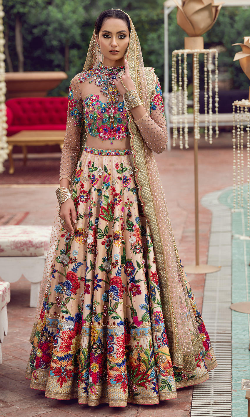 Pakistani Multi-Colour Handworked Crystal Silk Lehenga (3-Piece) - Image 1