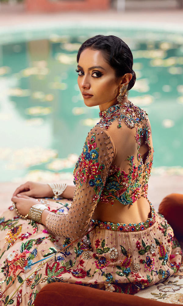 Pakistani Multi-Colour Handworked Crystal Silk Lehenga (3-Piece) - Image 10
