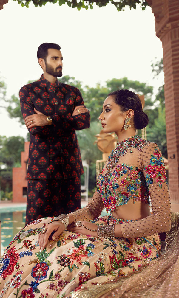 Pakistani Multi-Colour Handworked Crystal Silk Lehenga (3-Piece) - Image 12