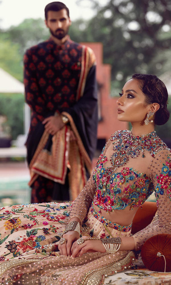 Pakistani Multi-Colour Handworked Crystal Silk Lehenga (3-Piece) - Image 13