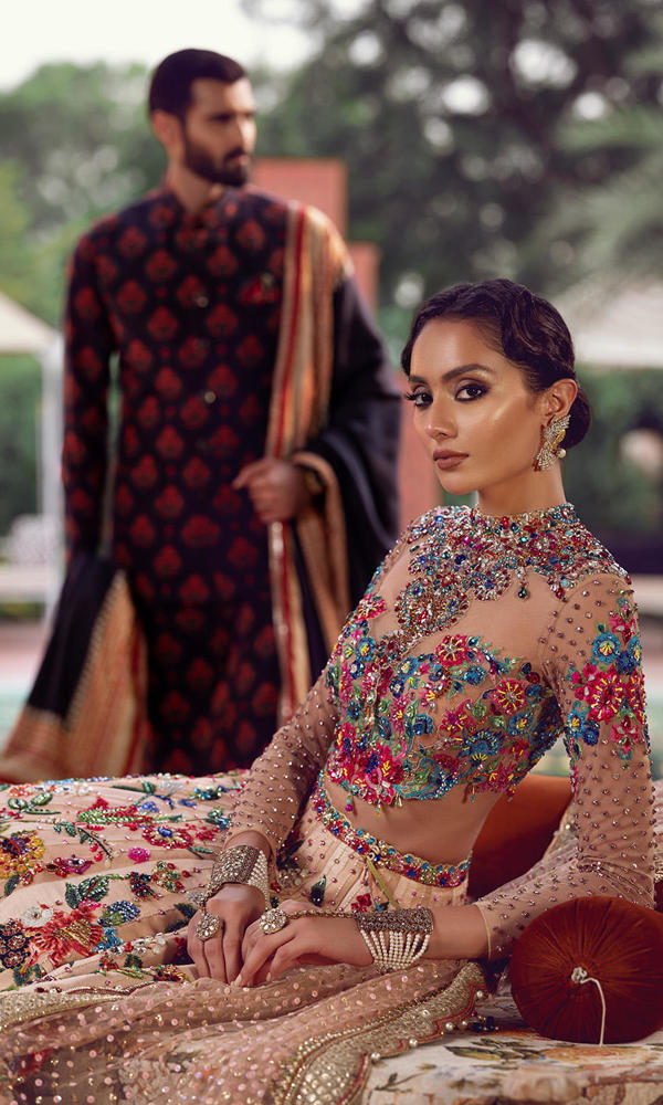 Pakistani Multi-Colour Handworked Crystal Silk Lehenga (3-Piece) - Image 14