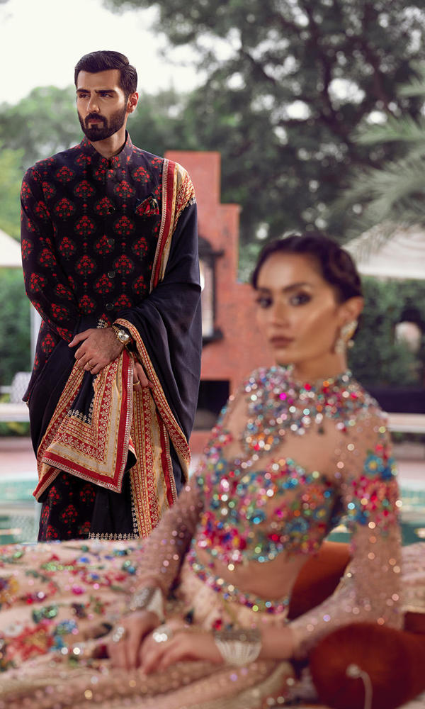 Pakistani Multi-Colour Handworked Crystal Silk Lehenga (3-Piece) - Image 15