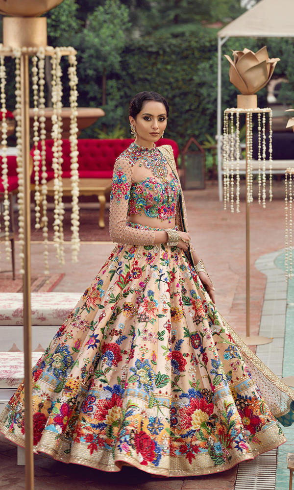 Pakistani Multi-Colour Handworked Crystal Silk Lehenga (3-Piece) - Image 3