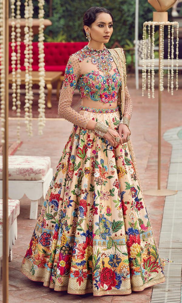 Pakistani Multi-Colour Handworked Crystal Silk Lehenga (3-Piece) - Image 4