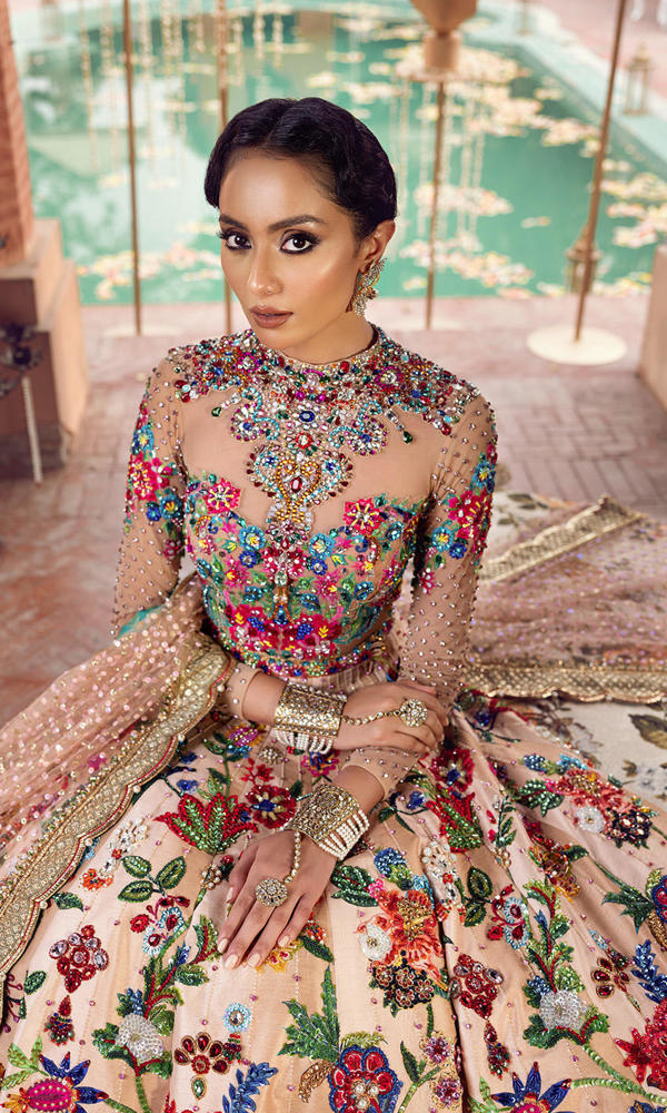Pakistani Multi-Colour Handworked Crystal Silk Lehenga (3-Piece) - Image 6