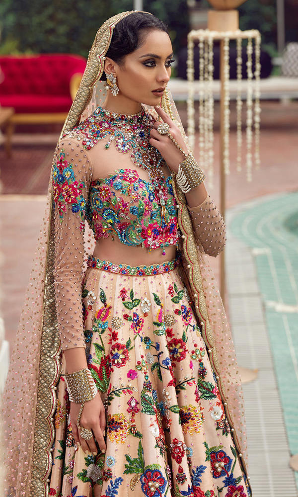 Pakistani Multi-Colour Handworked Crystal Silk Lehenga (3-Piece) - Image 8