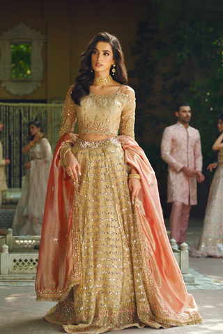 Pakistani Beige Gold Embroidered Silk Lehenga Choli (3-Piece) - Image 2