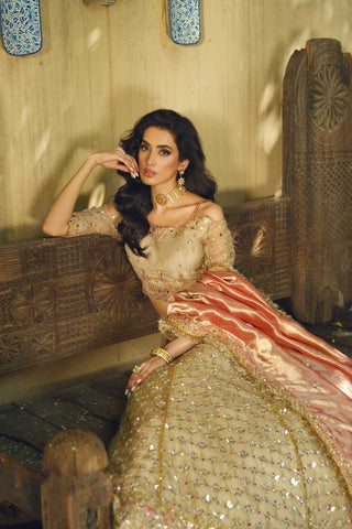 Pakistani Beige Gold Embroidered Silk Lehenga Choli (3-Piece) - Image 3