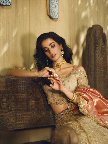 Pakistani Beige Gold Embroidered Silk Lehenga Choli (3-Piece) - Image 4