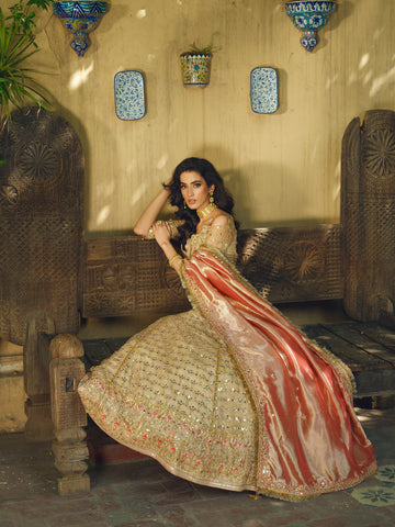 Pakistani Beige Gold Embroidered Silk Lehenga Choli (3-Piece) - Image 5
