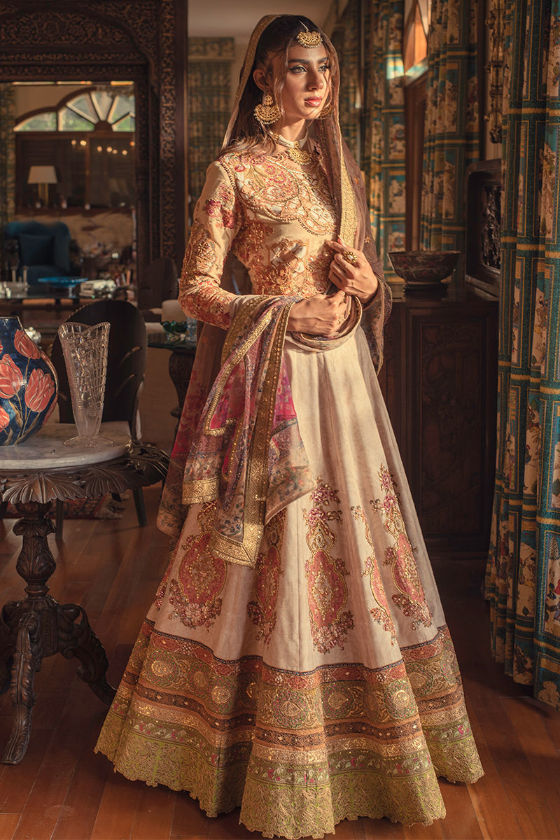 Pakistani Beige Coffee Zardozi Silk Lehenga Choli (3-Piece) - Image 1