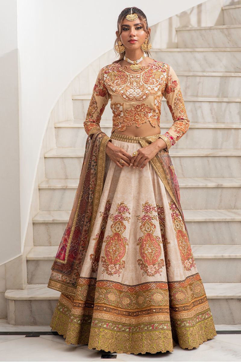 Pakistani Beige Coffee Zardozi Silk Lehenga Choli (3-Piece) - Image 2
