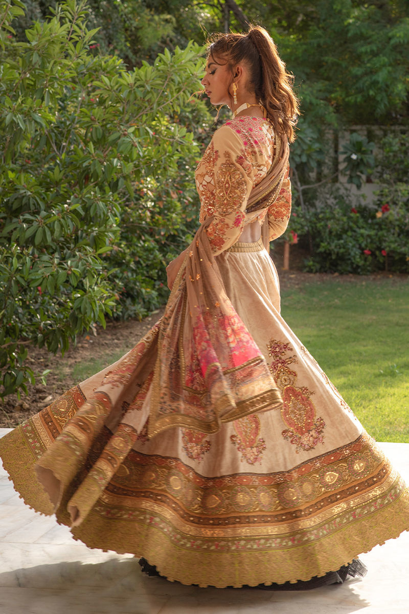 Pakistani Beige Coffee Zardozi Silk Lehenga Choli (3-Piece) - Image 3