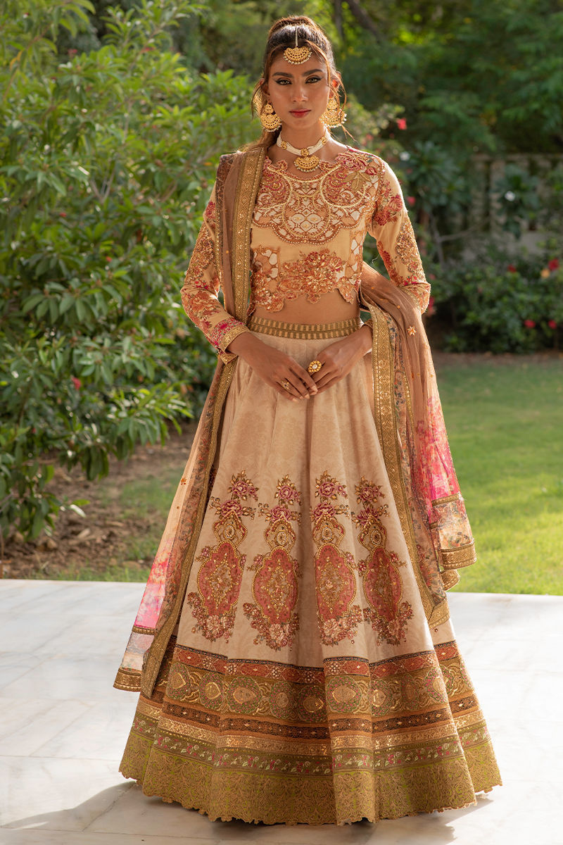 Pakistani Beige Coffee Zardozi Silk Lehenga Choli (3-Piece) - Image 4