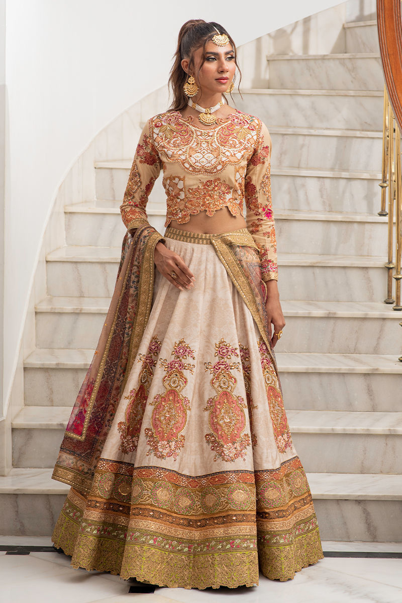 Pakistani Beige Coffee Zardozi Silk Lehenga Choli (3-Piece) - Image 5