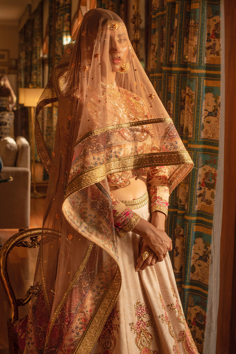 Pakistani Beige Coffee Zardozi Silk Lehenga Choli (3-Piece) - Image 6