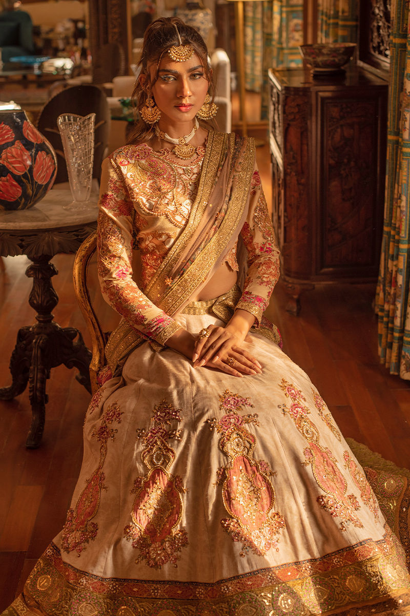 Pakistani Beige Coffee Zardozi Silk Lehenga Choli (3-Piece) - Image 7