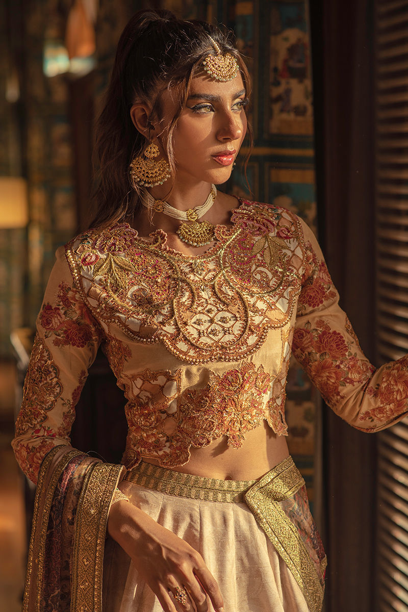 Pakistani Beige Coffee Zardozi Silk Lehenga Choli (3-Piece) - Image 8