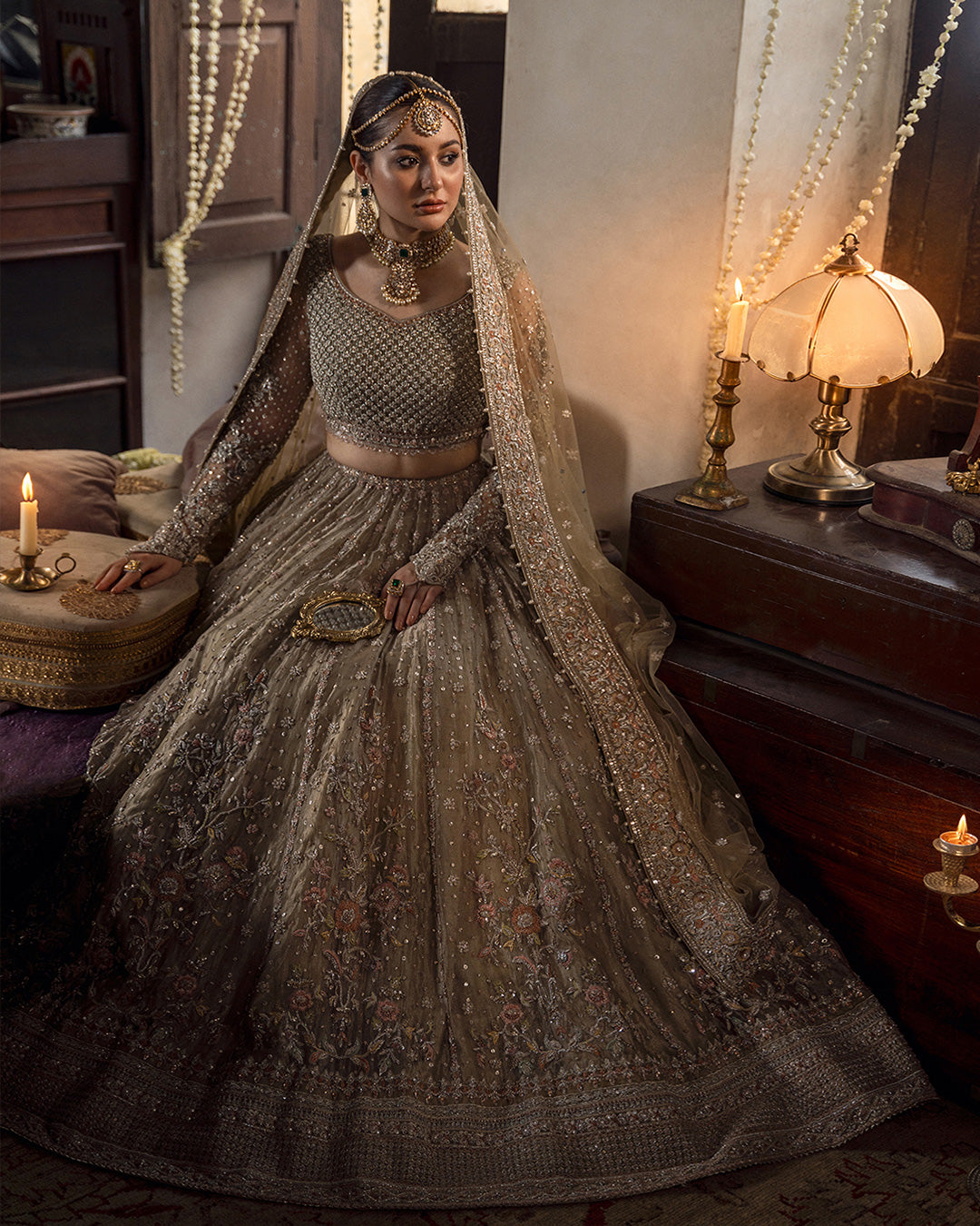 Beige Hand-Embellished Tissue & Net Bridal Lehenga (3-Piece) - Image 4