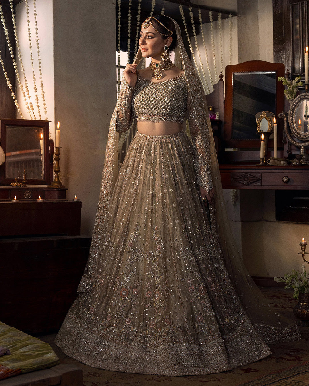 Beige Hand-Embellished Tissue & Net Bridal Lehenga (3-Piece) - Image 1